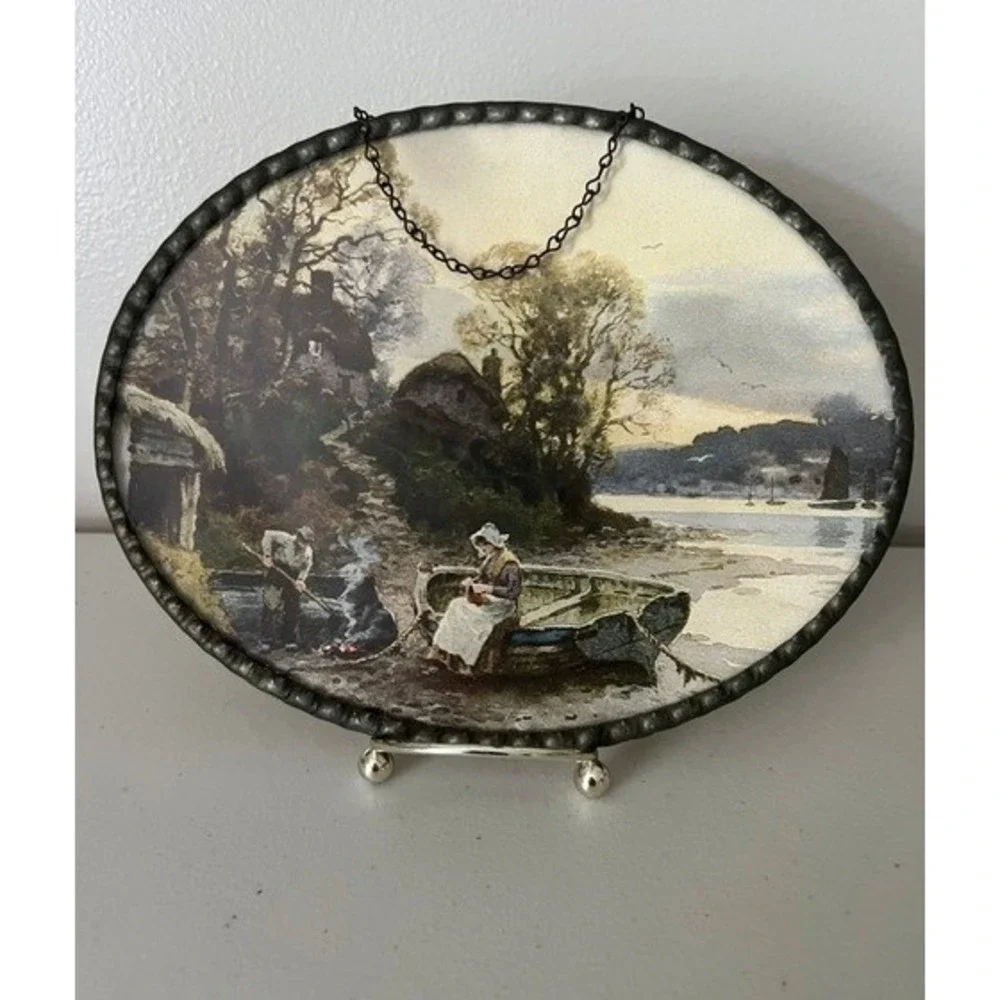 Vintage German Oval Wall Print‎ Scalloped Metal Frame Coastal Village Scene 8x6